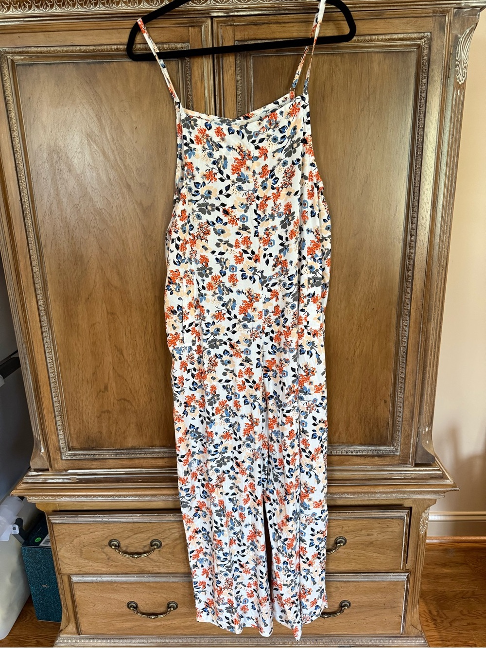 Sleeveless Floral Jumpsuit in White with Orange & Blue Print